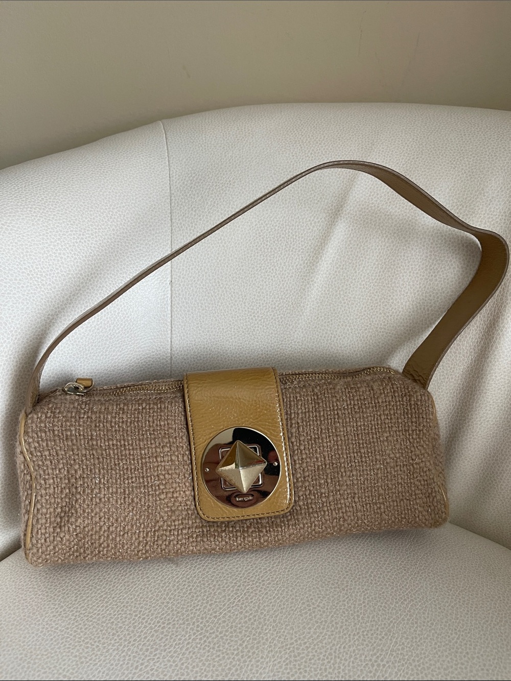 Vintage KATE SPADE Woven Beige Shoulder Bag with Gold Accent